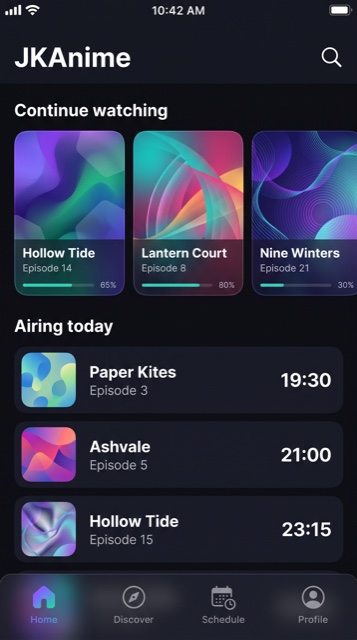 JKAnime app screen showing a continue-watching carousel